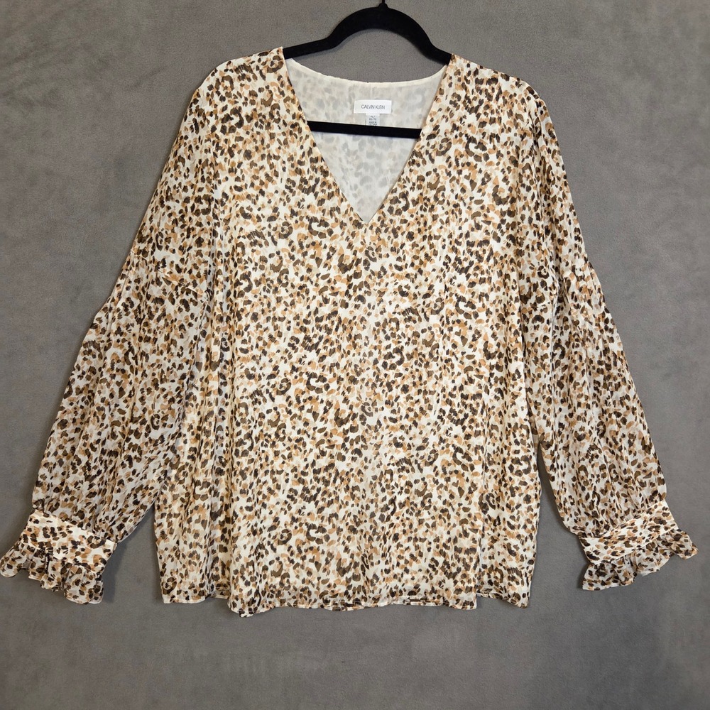 Calvin Klein V-Neck Blouse Women's XL Leopard Print Ruffle Cuff Office Mob Wife